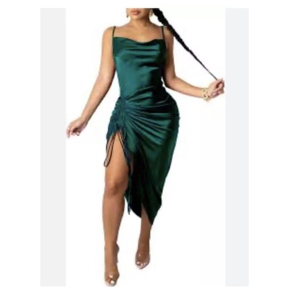 Lyaner Satin Cowl Neck Spaghetti Strap Wrap Skirt Midi Dress Size Large‎